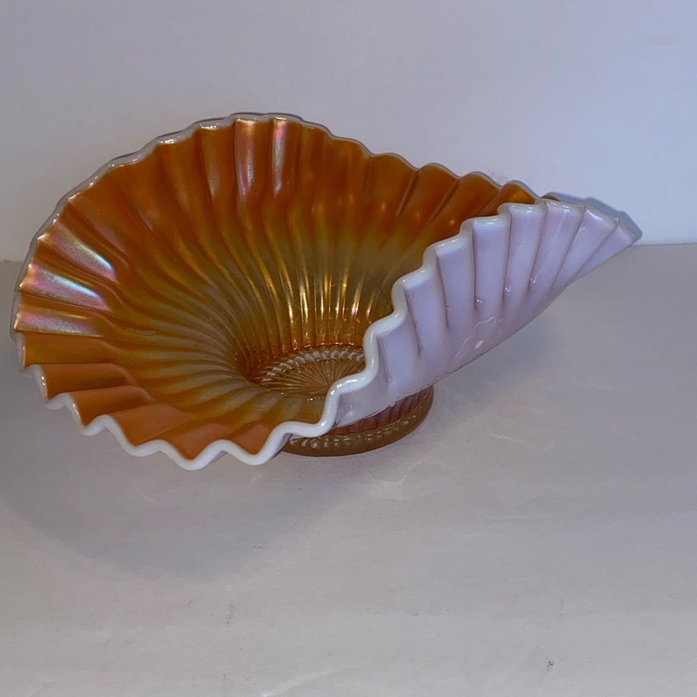 Vintage Dugan Carnival Glass Marigolds Peach Opalescent Rolled Ruffle Bowl